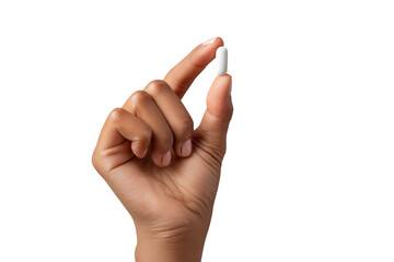 Hand holding capsule pill isolated on transparent background