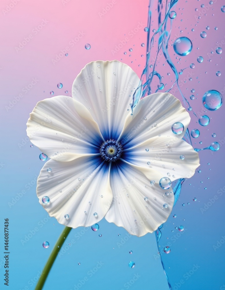 Poster create an image of a large white flower with a blue center surrounded by water droplets and bubbles 