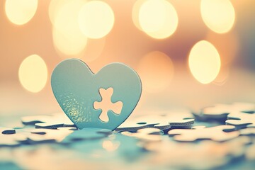 Heart puzzle piece on a bed of puzzle pieces