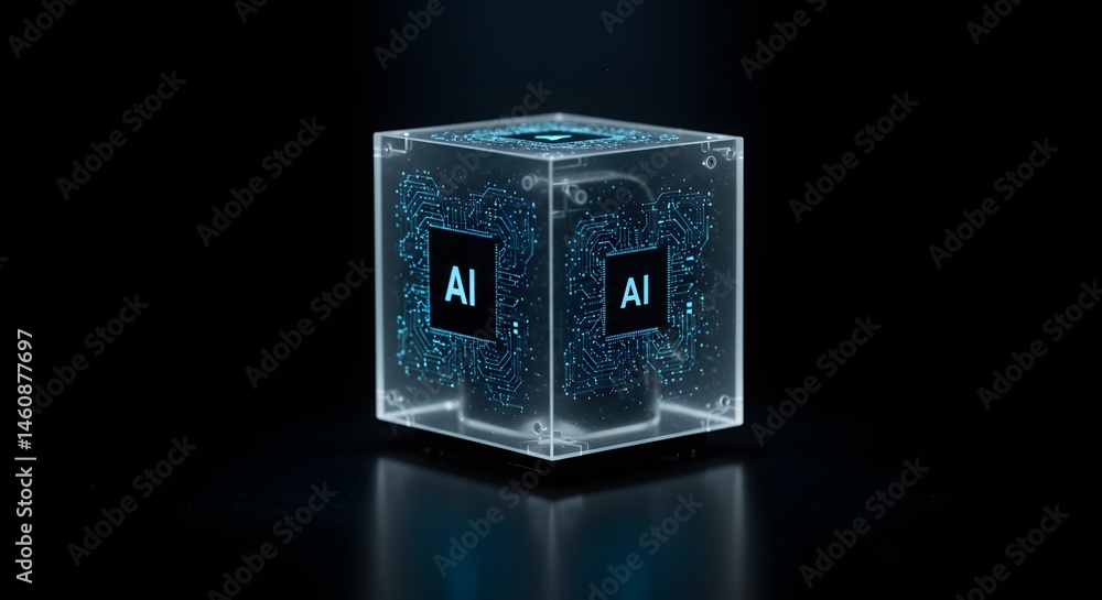 Poster artificial intelligence cube: a futuristic visualization of ai technology and digital innovation in 