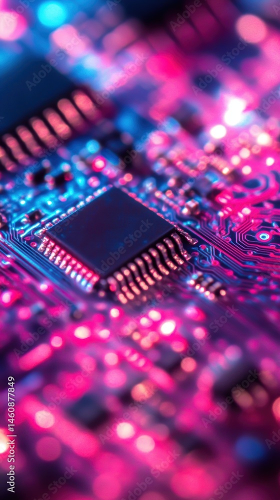 Poster macro shot of a computer chip with pink and blue lighting showing circuitry and technology innovatio