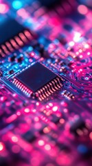 Macro Shot of a Computer Chip with Pink and Blue Lighting Showing Circuitry and Technology Innovation