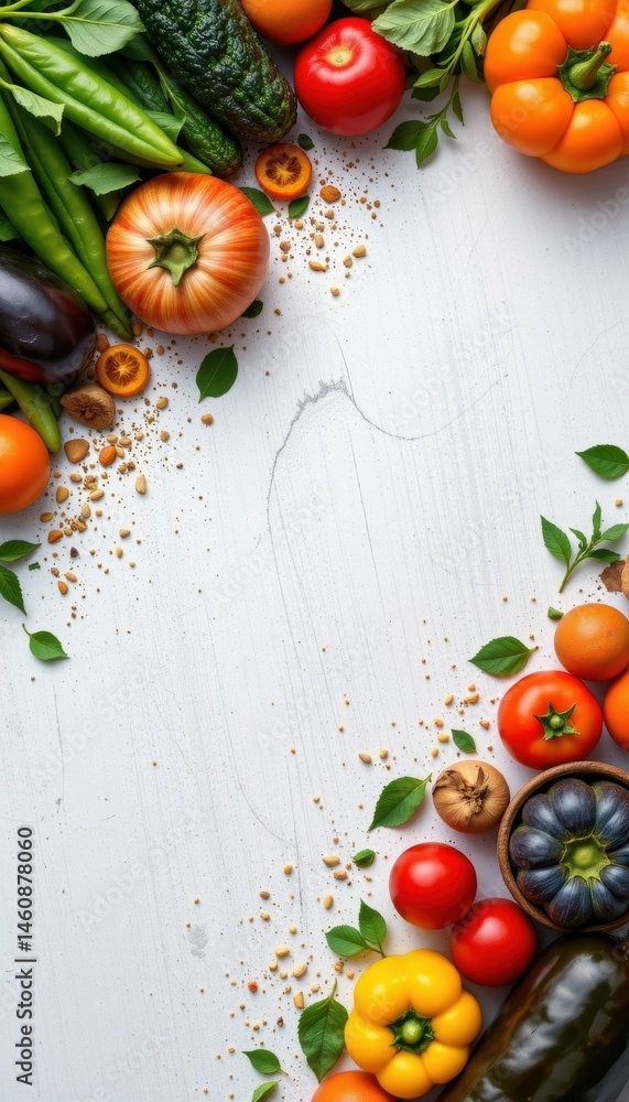Poster create a photo of a vegetable filled background with ample copy space on the right, featuring a clea