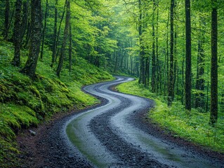 Fototapeta premium Winding gravel road curves through lush green forest, damp from recent rain. Sunlight filters through dense canopy