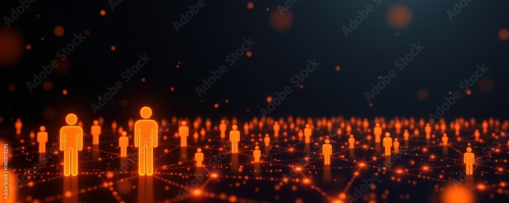 Aufkleber create a digital artwork depicting a network of glowing figures set against a dark background, symbo