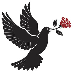 Black dove with a red rose symbolizing love and peace vector illustration