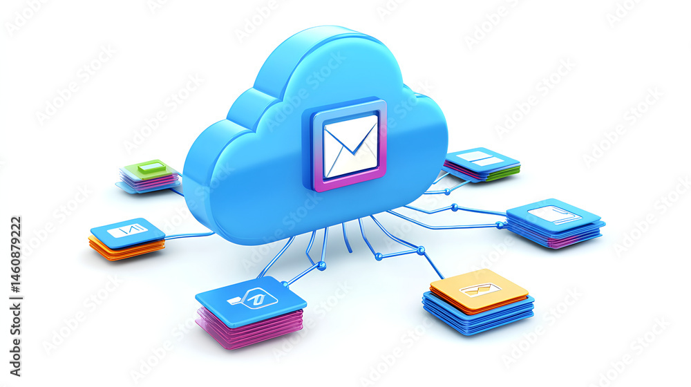 Poster cloud storage concept showing a glowing cloud icon connected to various digital file symbols within 