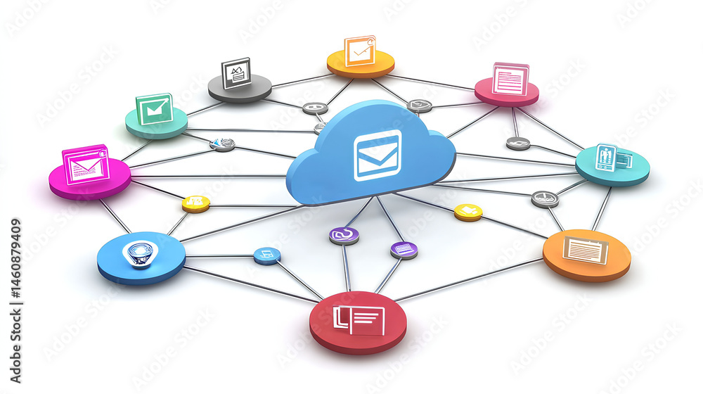 Poster cloud storage concept showing a glowing cloud icon connected to various digital file symbols within 