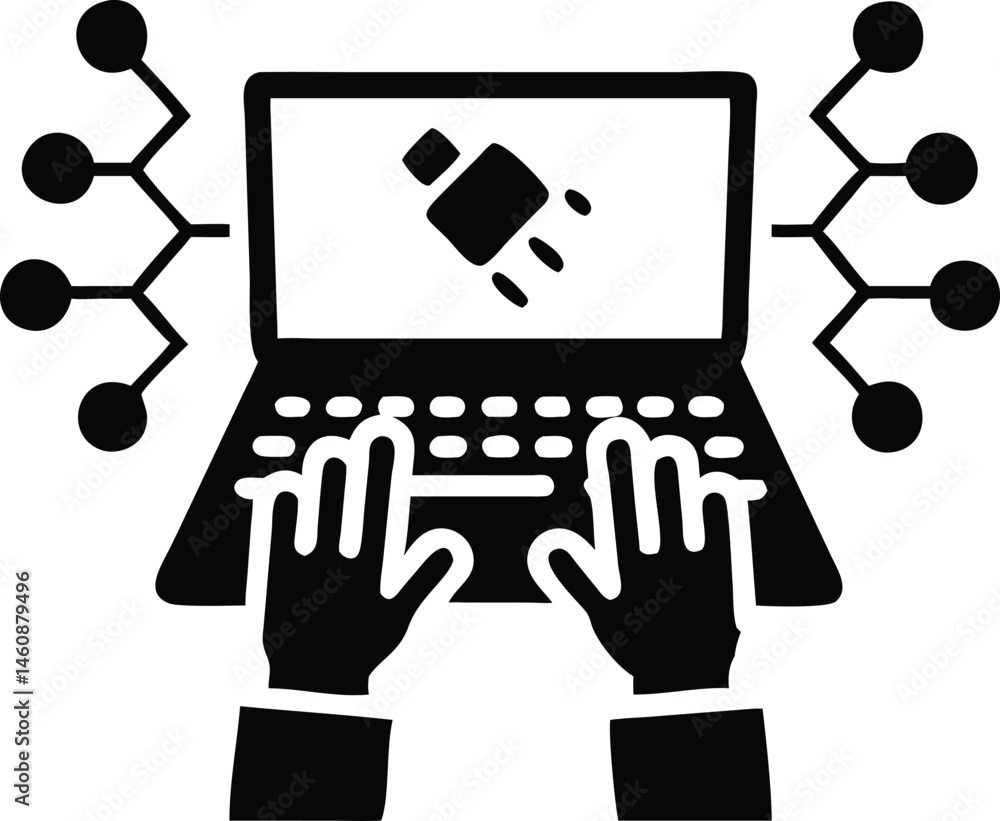 Poster digital connection concept illustration of a laptop with network elements and user interaction