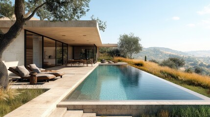 Obraz premium Modern house with a pool overlooking a hillside landscape.