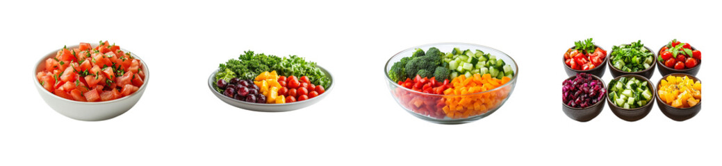 Variety vegetable bowls, salad ingredients, balanced diet , cut out transparent