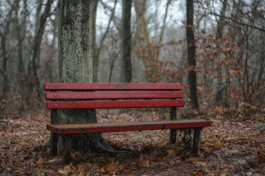 Red park bench in a misty autumn forest