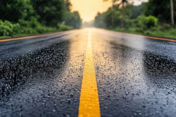 Raindrops falling on asphalt road with yellow line in nature setting low angle perspective wet surface