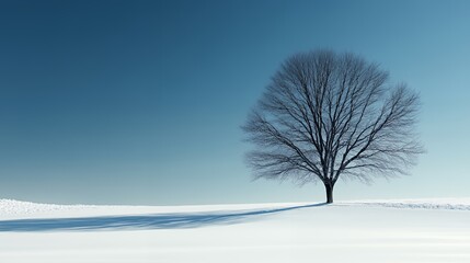 A solitary tree stands in a snowy field under a clear blue sky.