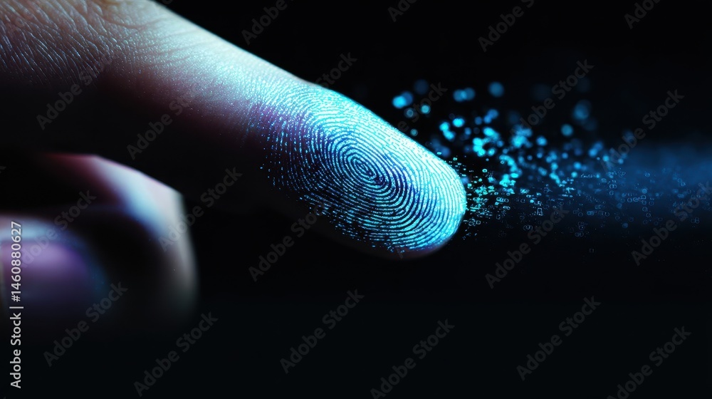 Poster close-up view of a fingertip with an emphasized fingerprint pattern.