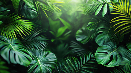 Lush 3D tropical foliage background showcases unique realistic designs in 4K with vibrant green textures, highlighting an organic, detailed forest canopy scene.