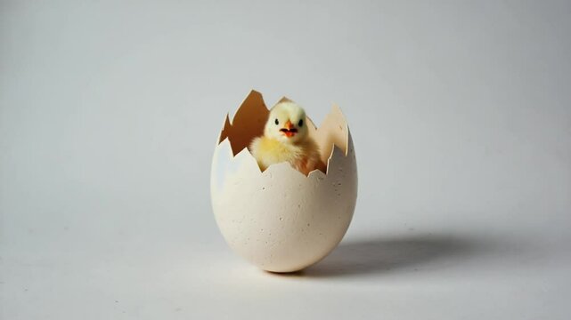 Close-up of a tiny egg cracking and baby bird emerging, white background, soft shadows, minimal clean animation style 
