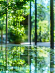 Abstract reflection of trees in glass table surface, modern interior design, nature inside, bright light, close up