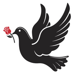 Elegant silhouette of a dove carrying a red rose representing peace and love