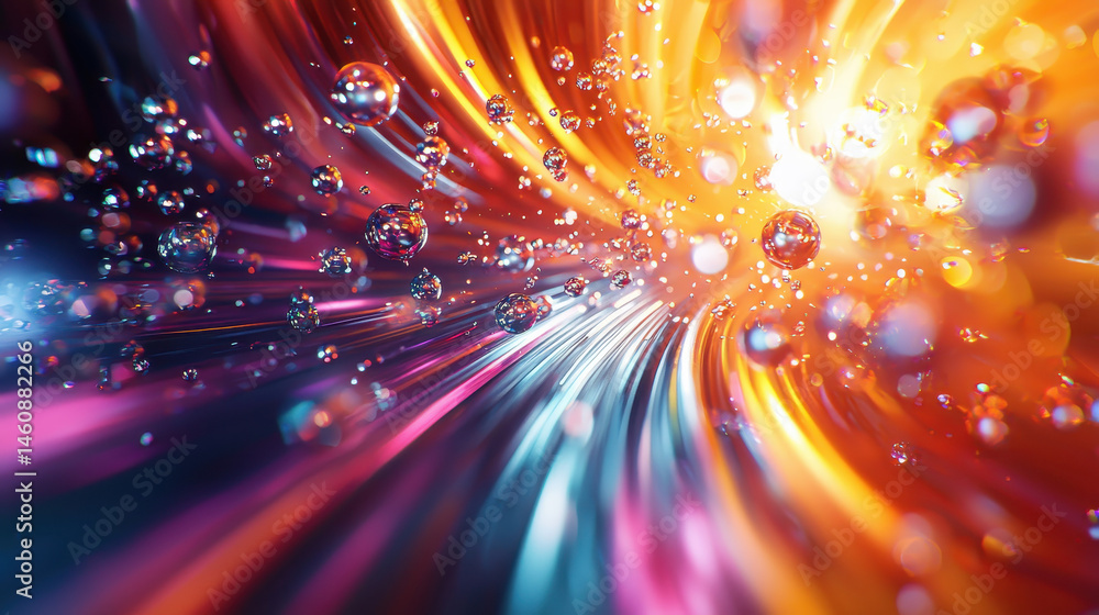 Poster a vibrant 3d background with realistic depth displays dynamic light streams and floating spheres, a 