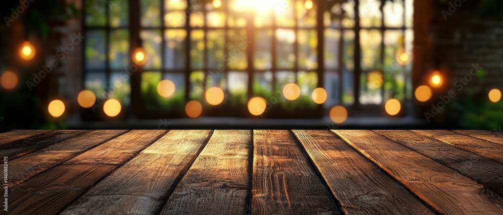 Poster rustic wood table surface with blurred lights and window background for product display or food phot