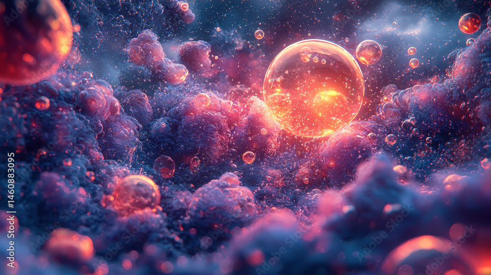 Poster vibrant 4k 3d background featu dynamic realistic bubbles and abstract clouds in a side angle view cr