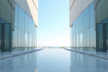 Futuristic Symmetrical Glass Architecture with Reflections and Minimalist Design