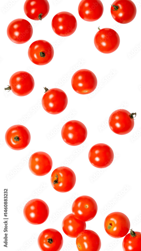 Poster multiple cherry tomatoes falling on a transparent background