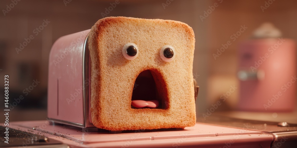 Poster a slice of bread in a toaster with an expressive face.