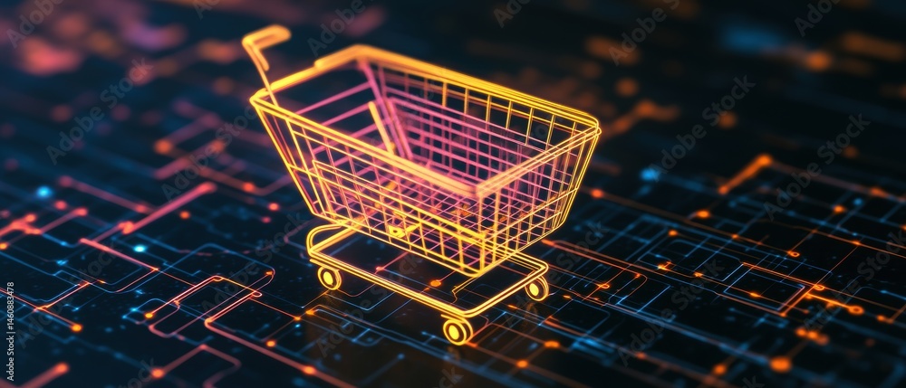 Poster digital shopping cart concept with glowing lines and circuit board background depicting online comme