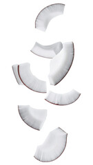 Multiple coconut chips falling with transparent background