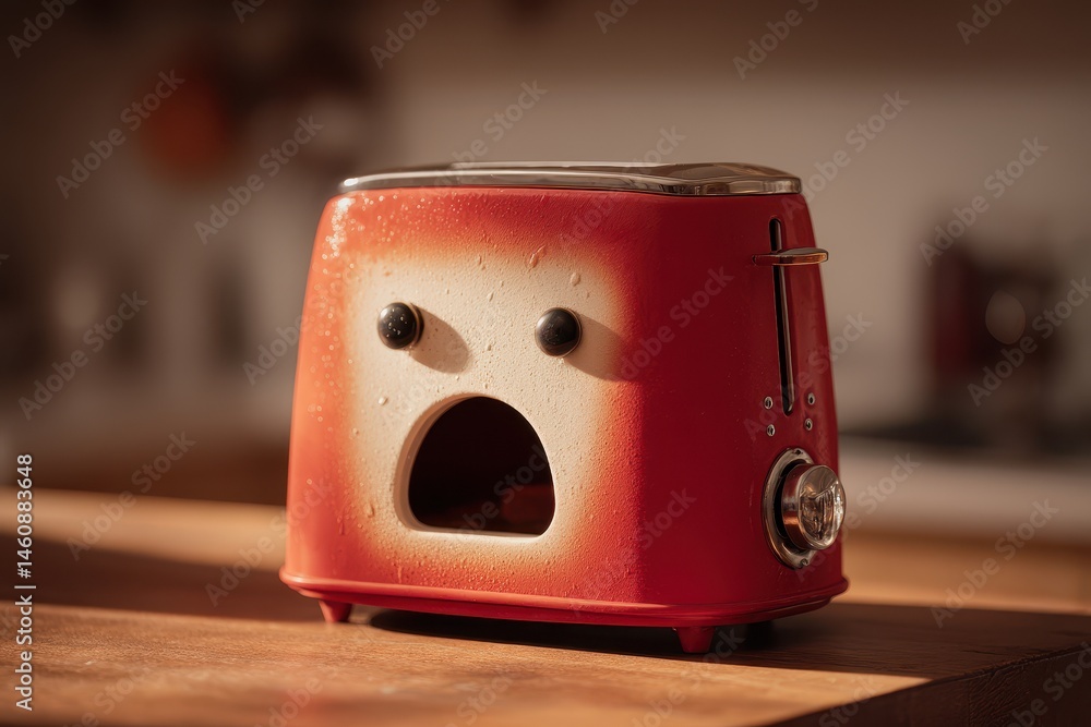 Poster a red toaster with an open-mouthed expression.