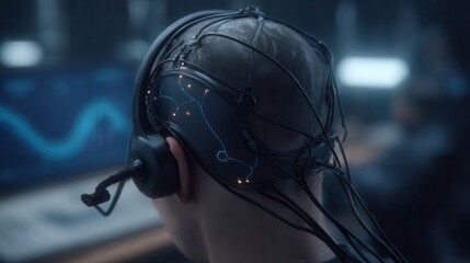 Close-up view of a futuristic headpiece on a person.