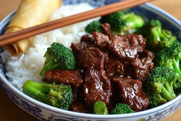 Tasty beef and broccoli stir fry served with rice and spring roll in bowl close up shot