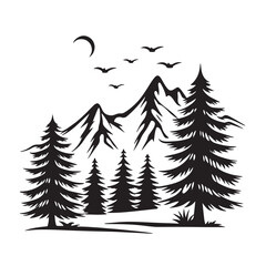 black and white color Mountain Landscape with Trees Silhouette