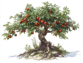 A detailed illustration of an  tree laden with fruit.