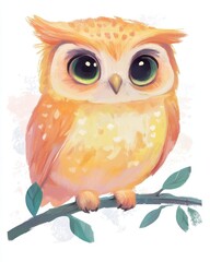 Obraz premium Cute owl illustration sitting on branch digital painting front view whimsical style adorable bird with big eyes