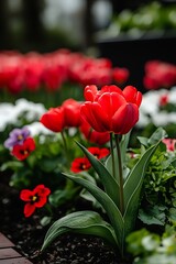 Vibrant red tulips amidst spring blooms