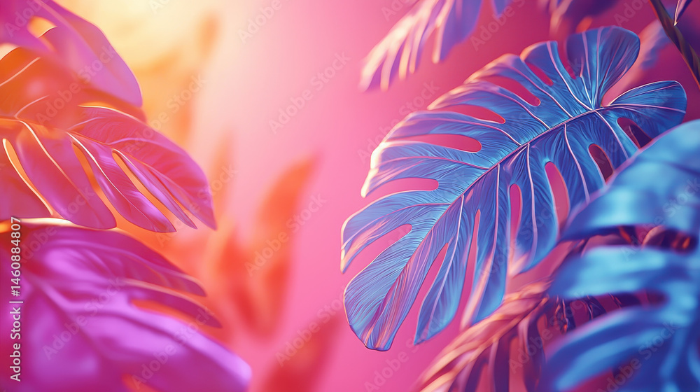 Poster vibrant 4k 3d rende showcases realistic monstera leaf patterns with vivid colors, creating a stunnin