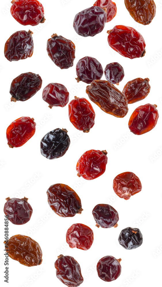 Poster multiple dried currants falling on transparent background