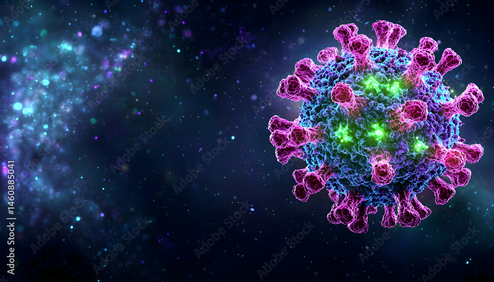 Poster microscopic view of a virus particle against a cosmic backdrop. a vibrant, detailed rendering suitab