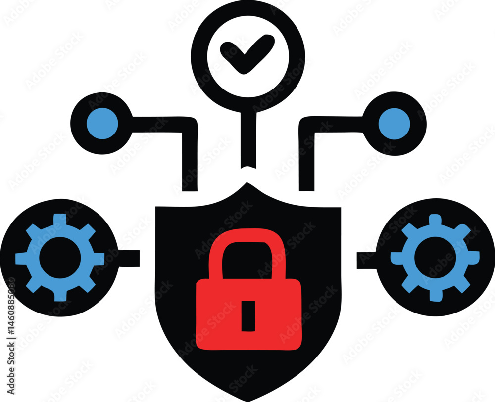 Poster secure digital network showing protection and approved access with gear and shield