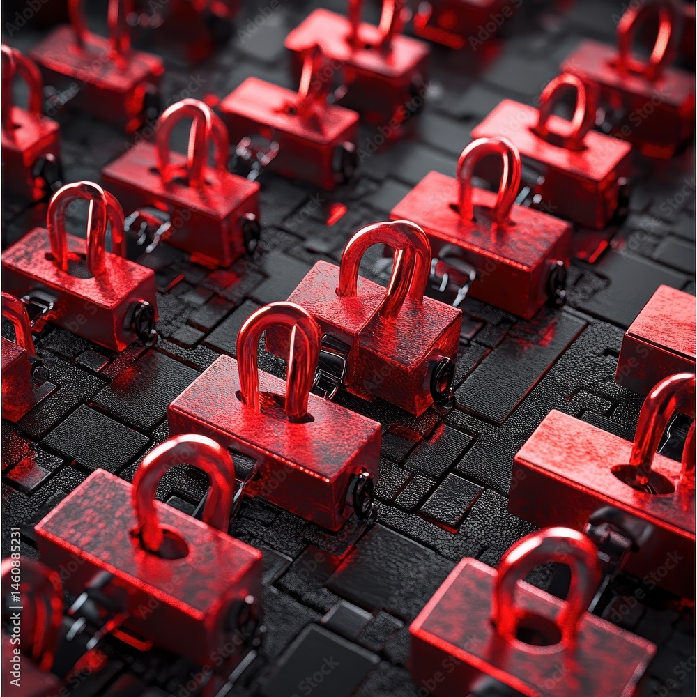 Aufkleber rows of red padlocks on textured black surface security concept close up studio shot for data protec