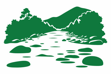 Serene green landscape depicting a mountain stream and surrounding trees silhouetted on white