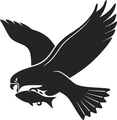 Silhouette illustration of an eagle soaring through the air clutching a fish in its talons