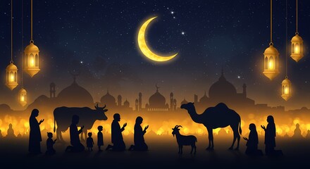 Tranquil illustration showcasing Ramadan traditions with crescent moon and lanterns
