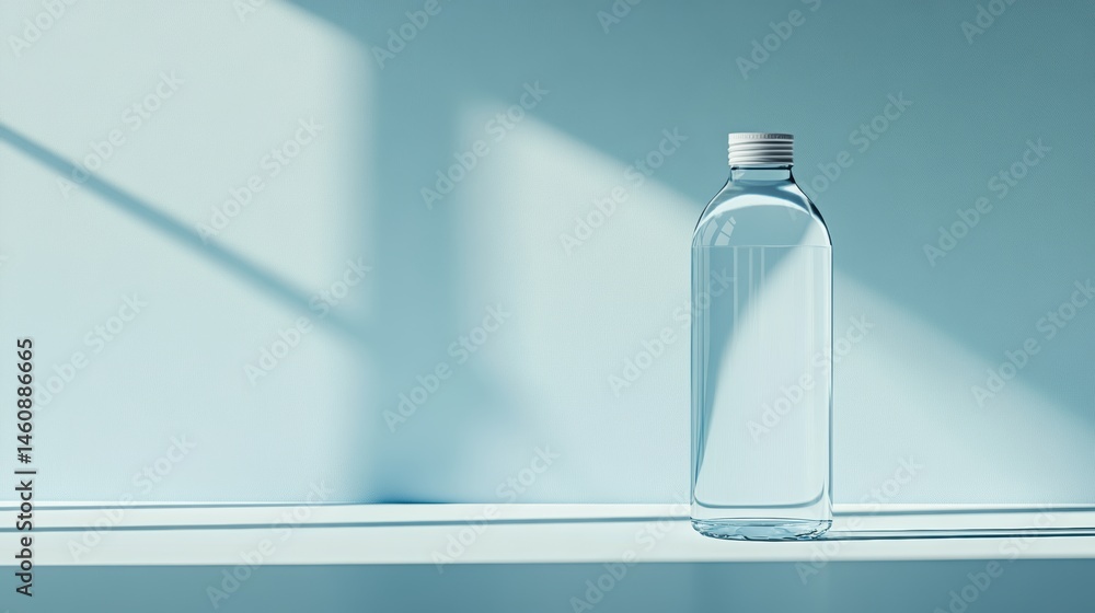 Poster clean water bottle on shelf in minimalist style with natural light and shadow play in studio setting