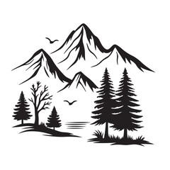 Obraz premium black and white color Mountain Landscape with Trees Silhouette