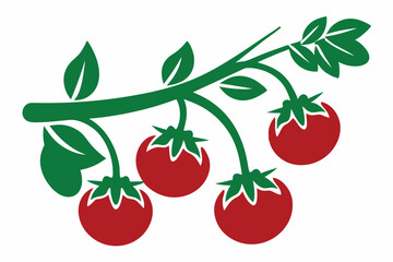 Simple vector illustration of fresh tomatoes on a branch with green leaves and stem