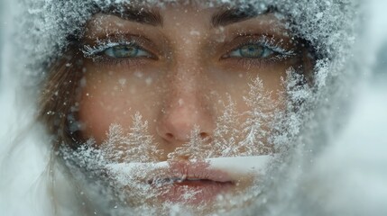 Woman's face partially obscured by a frosty, wintry scene.  Eyes are visible, conveying a serene expression